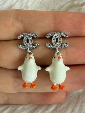 🐣CHANEL White Enamel 🐣 Charm Earrings with Crystal Logo Tops🐣